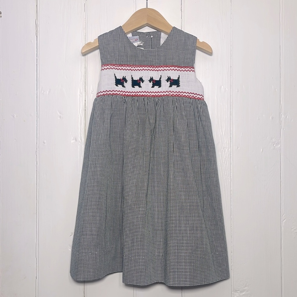 HAND SMOCKED EUC Classic Black White Gingham Scotty Scottish Dog Dress